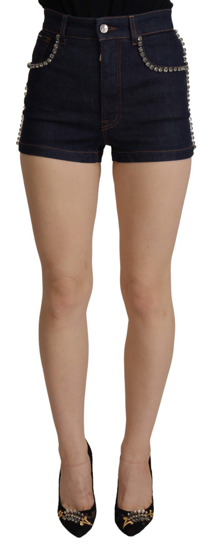Dolce & Gabbana Blaue Denim Stretch Crystal Hot Pants Shorts