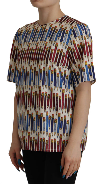 Dolce & Gabbana Weiße T-Shirt-Bluse mit Bleistiftdruck aus Baumwolle