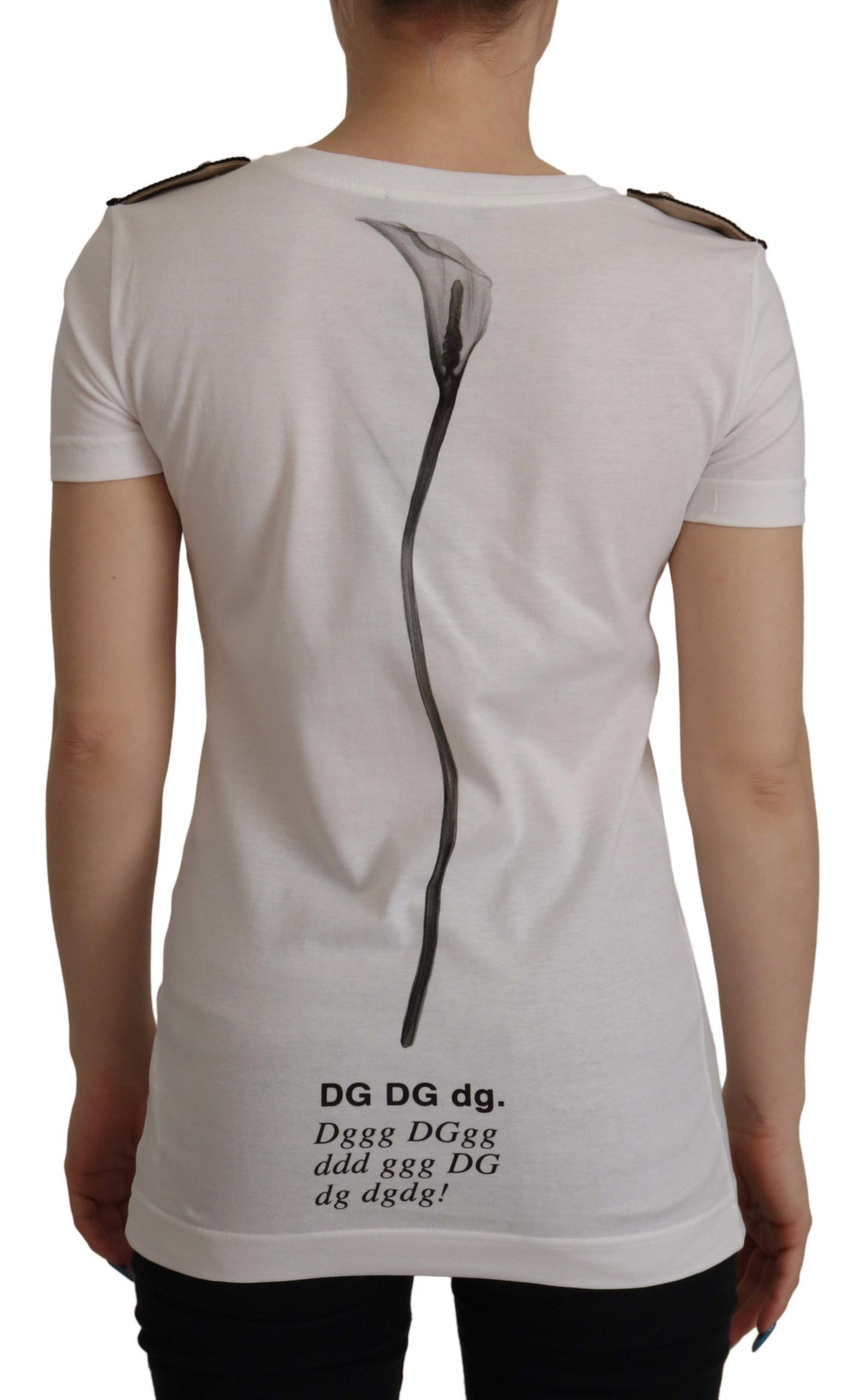 Dolce & Gabbana Weiß Schwarz Rosen Baumwoll-T-Shirt mit Rundhalsausschnitt