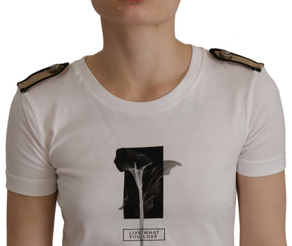 Dolce & Gabbana Weiß Schwarz Rosen Baumwoll-T-Shirt mit Rundhalsausschnitt