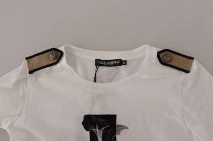 Dolce & Gabbana Weiß Schwarz Rosen Baumwoll-T-Shirt mit Rundhalsausschnitt