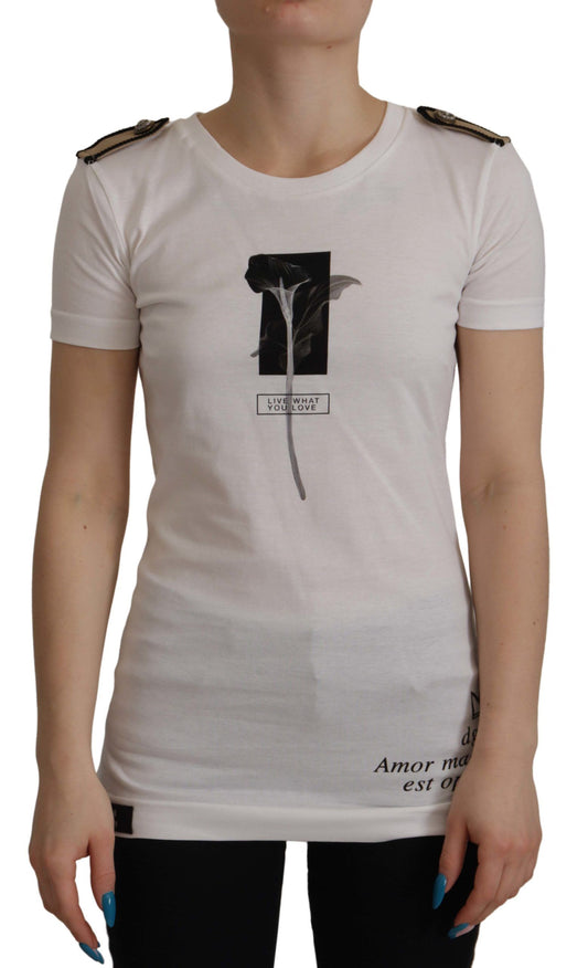 Dolce & Gabbana Weiß Schwarz Rosen Baumwoll-T-Shirt mit Rundhalsausschnitt