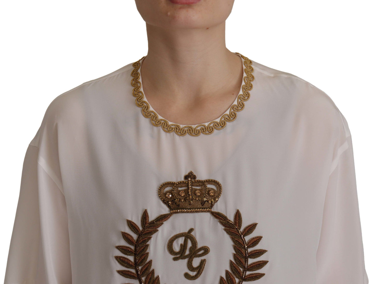 Dolce & Gabbana Weißes Seiden-Gold-DG-Kronenkristall-Blusentop
