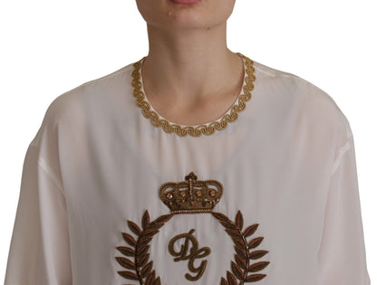 Dolce & Gabbana Weißes Seiden-Gold-DG-Kronenkristall-Blusentop