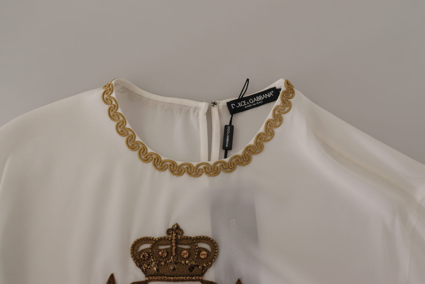 Dolce & Gabbana Weißes Seiden-Gold-DG-Kronenkristall-Blusentop