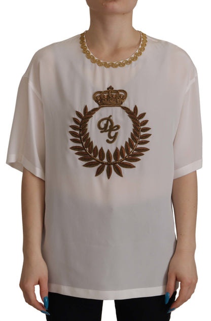 Dolce & Gabbana Weißes Seiden-Gold-DG-Kronenkristall-Blusentop