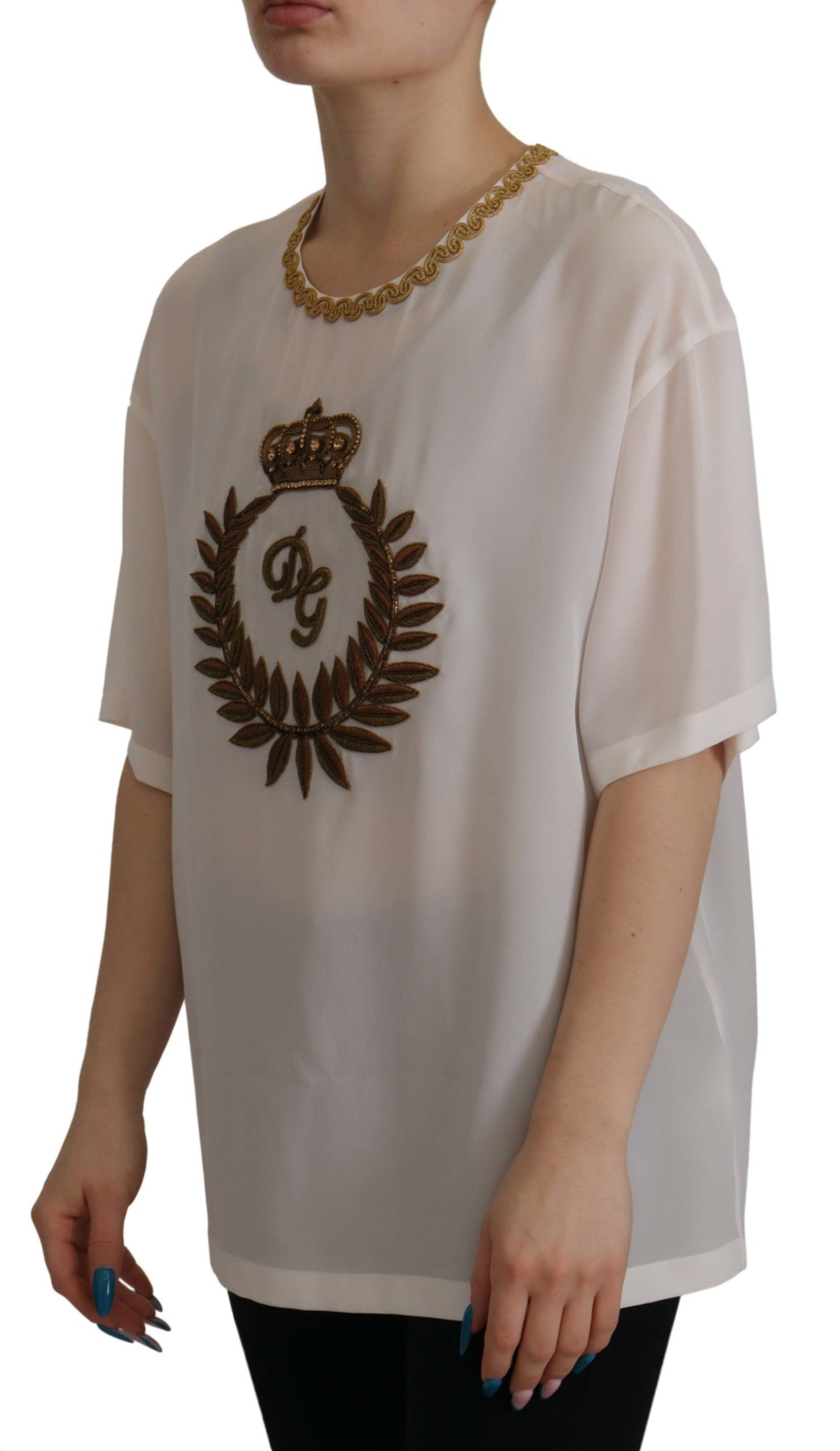 Dolce & Gabbana Weißes Seiden-Gold-DG-Kronenkristall-Blusentop