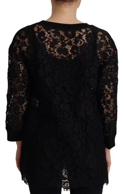 Dolce & Gabbana Schwarzer Spitzenpullover mit Blumenmuster Sicily Bluse