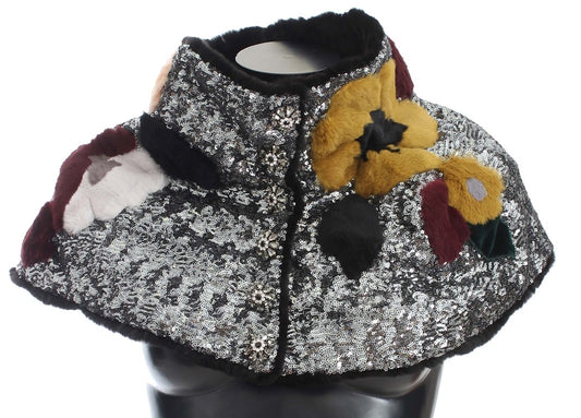 Dolce & Gabbana Silberner, paillettenbesetzter, floraler Wiesel-Pelz-Schultertuch-Wickelschal