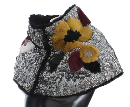 Dolce & Gabbana Silberner, paillettenbesetzter, floraler Wiesel-Pelz-Schultertuch-Wickelschal