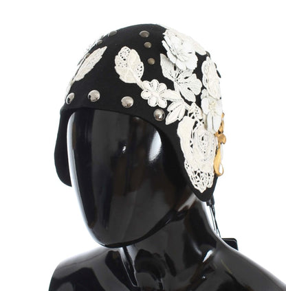 Dolce & Gabbana Schwarz Wolle Weiß Floral Gold Leaf Hut