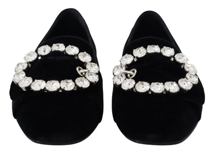 Dolce & Gabbana Schwarz Samt Kristalle Loafers Flats Schuhe