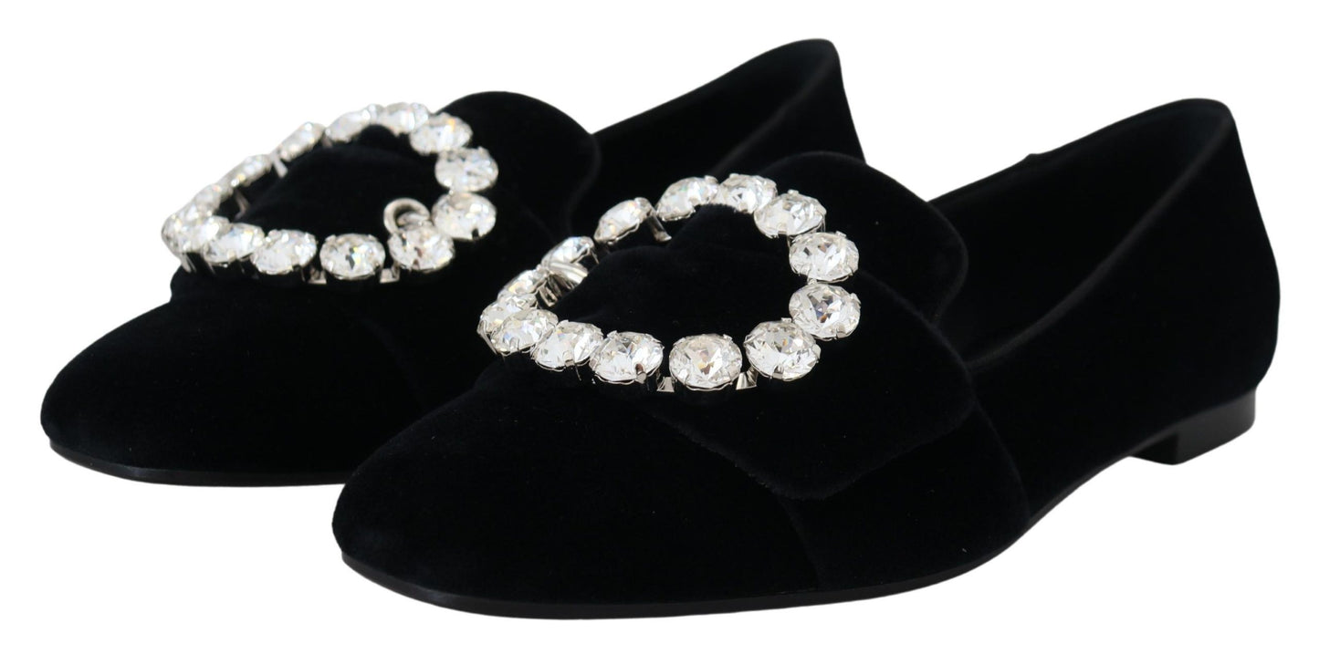 Dolce & Gabbana Schwarz Samt Kristalle Loafers Flats Schuhe
