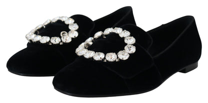Dolce & Gabbana Schwarz Samt Kristalle Loafers Flats Schuhe