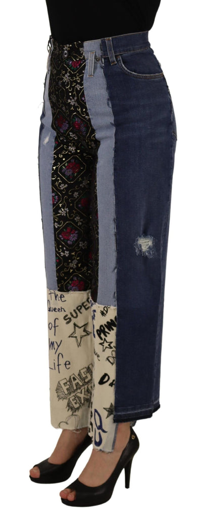Dolce & Gabbana Multicolor Patchwork DG Mode Weites Bein Denim Hose