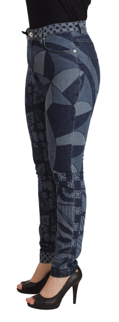 Dolce & Gabbana Blaue, geblümte Skinny-Jeans mit hoher Taille