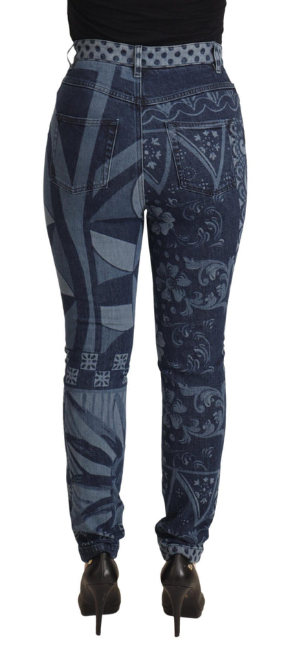 Dolce & Gabbana Blaue, geblümte Skinny-Jeans mit hoher Taille