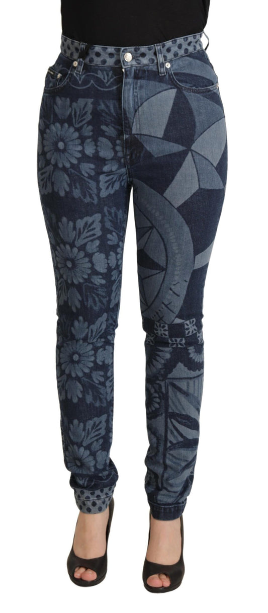 Dolce & Gabbana Blaue, geblümte Skinny-Jeans mit hoher Taille