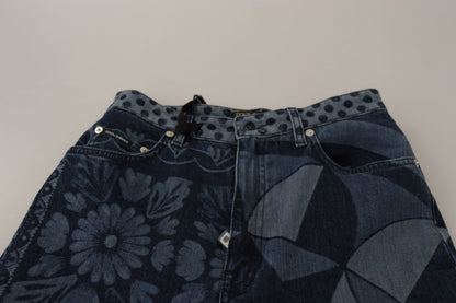 Dolce & Gabbana Blaue, geblümte Skinny-Jeans mit hoher Taille