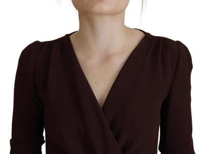 Dolce & Gabbana Braunes langärmeliges Midi-Stretch-Kleid mit Wickeloptik
