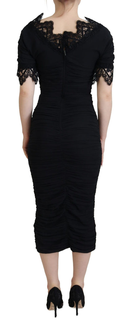 Dolce & Gabbana Schwarzes Midi-Bodycon-Kleid aus Seide mit Spitze