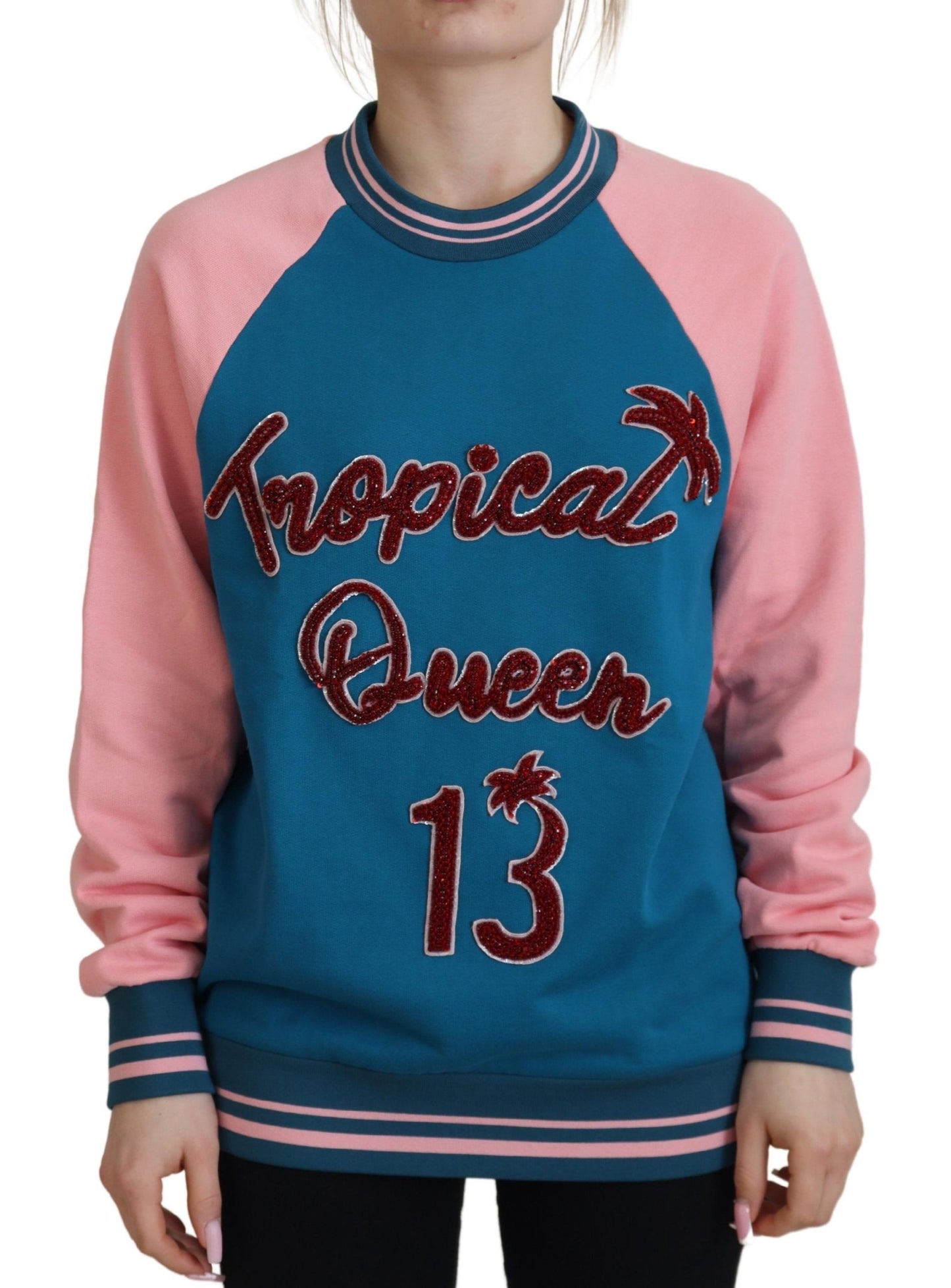 Dolce & Gabbana Blau Rosa Königin Pailletten Kristall Pullover