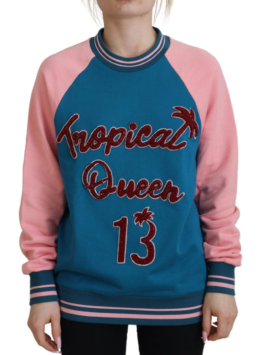 Dolce & Gabbana Blau Rosa Königin Pailletten Kristall Pullover
