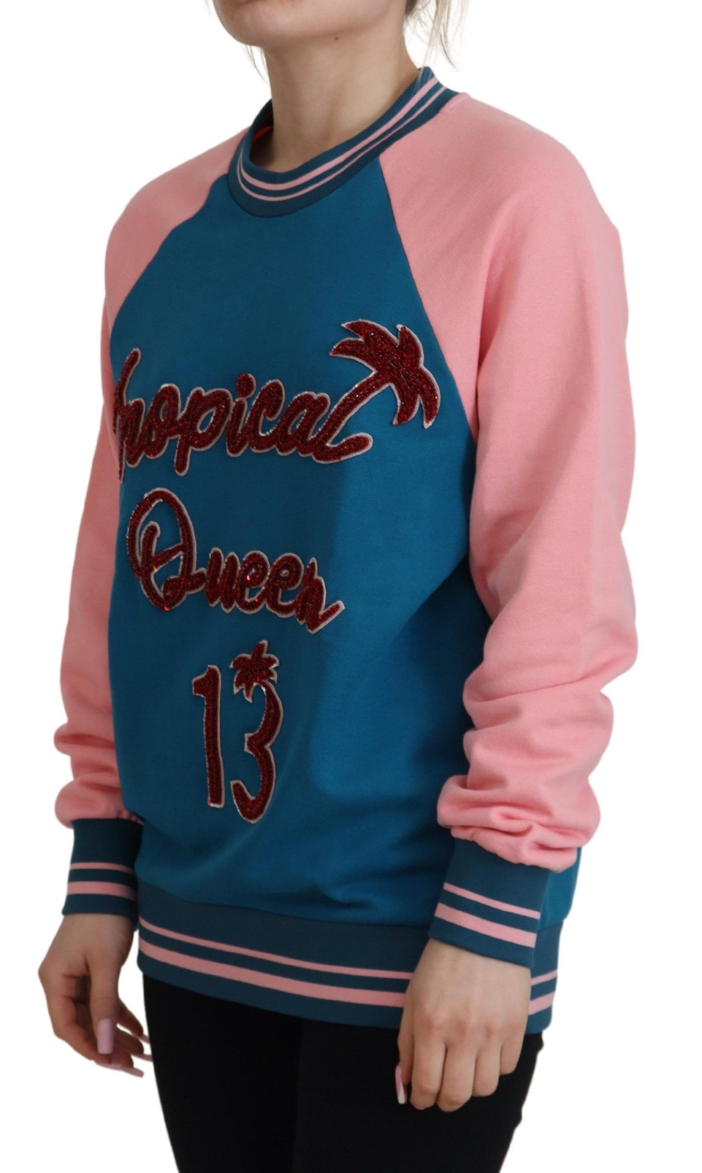 Dolce & Gabbana Blau Rosa Königin Pailletten Kristall Pullover