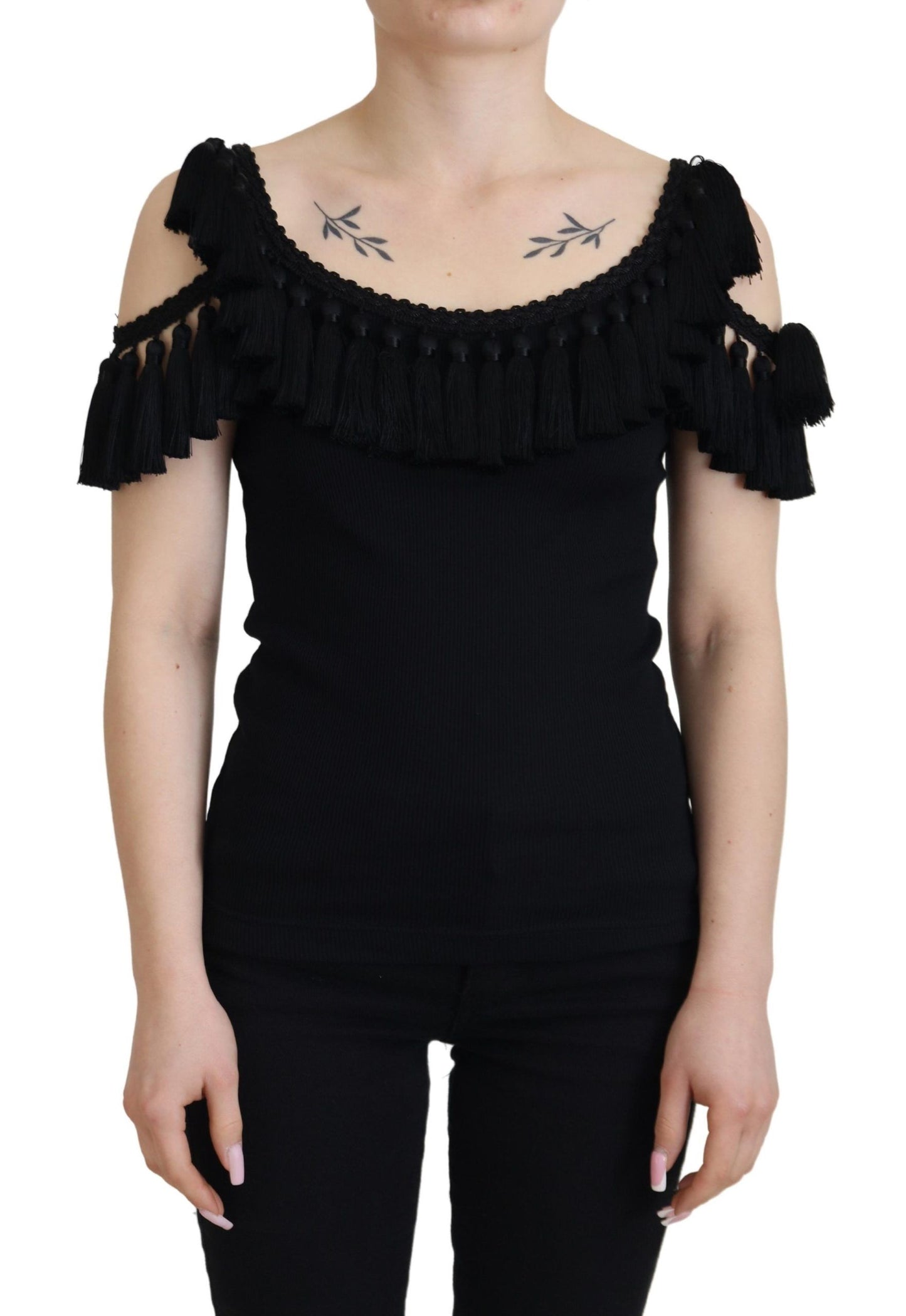 Dolce & Gabbana Schwarzes Tanktop Bluse Quastenbluse Baumwolle