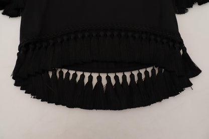 Dolce & Gabbana Schwarzes T-Shirt Bluse Tassle Baumwolle Bluse