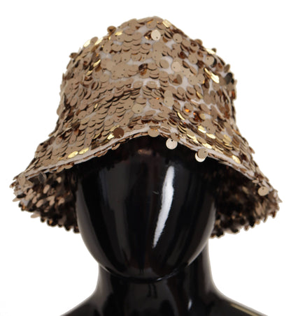 Dolce & Gabbana Gold Seide Pailletten verschönert Designer Krempe Eimer Hut