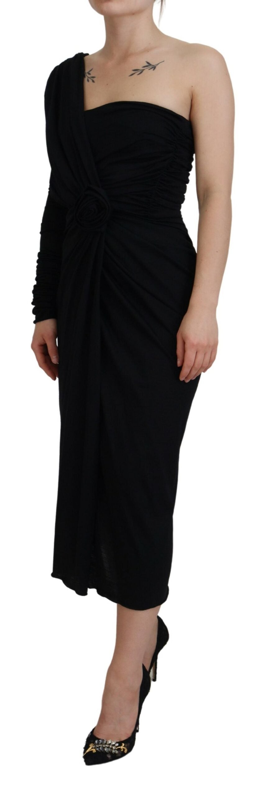 Dolce & Gabbana Schwarzes Wickelmantelkleid mit einer Schulter aus Wolle