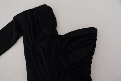 Dolce & Gabbana Schwarzes Wickelmantelkleid mit einer Schulter aus Wolle