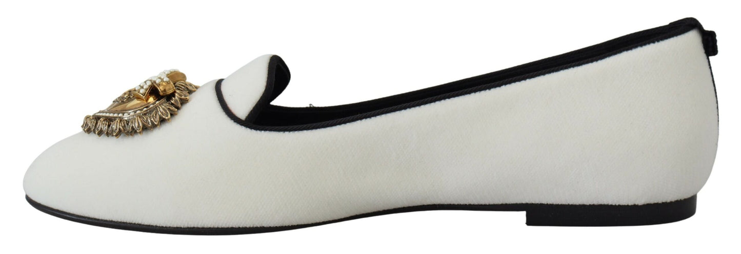 Dolce & Gabbana Weiß Samt Slip Ons Loafers Flats Schuhe