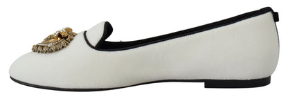 Dolce & Gabbana Weiß Samt Slip Ons Loafers Flats Schuhe