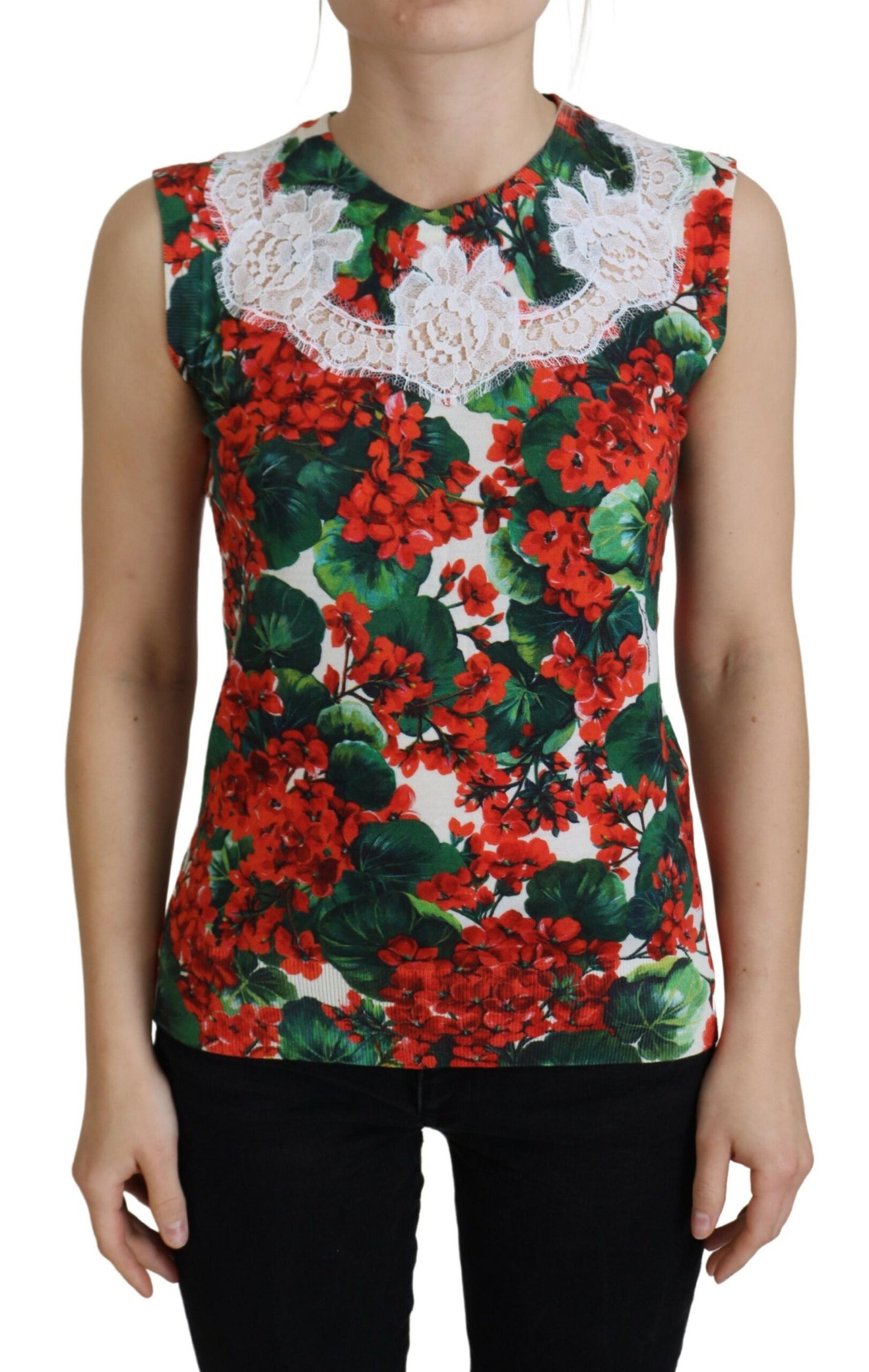 Dolce & Gabbana Weißes, geblümtes Wollwesten-Top mit Spitze