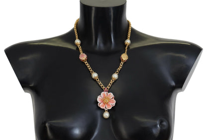 Dolce & Gabbana Goldfarbene Blumenkristalle Rosa verschönerte Halskette