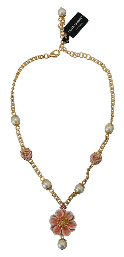 Dolce & Gabbana Goldfarbene Blumenkristalle Rosa verschönerte Halskette