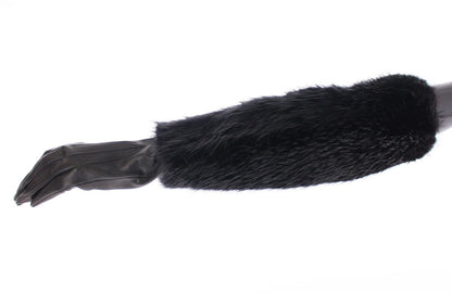 Dolce & Gabbana Schwarze Biberpelz-Lammfell-Leder-Ellbogenhandschuhe