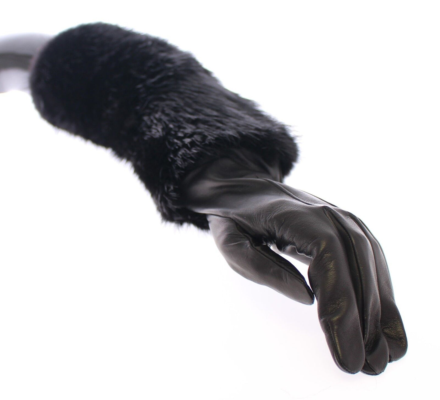 Dolce & Gabbana Schwarze Biberpelz-Lammfell-Leder-Ellbogenhandschuhe