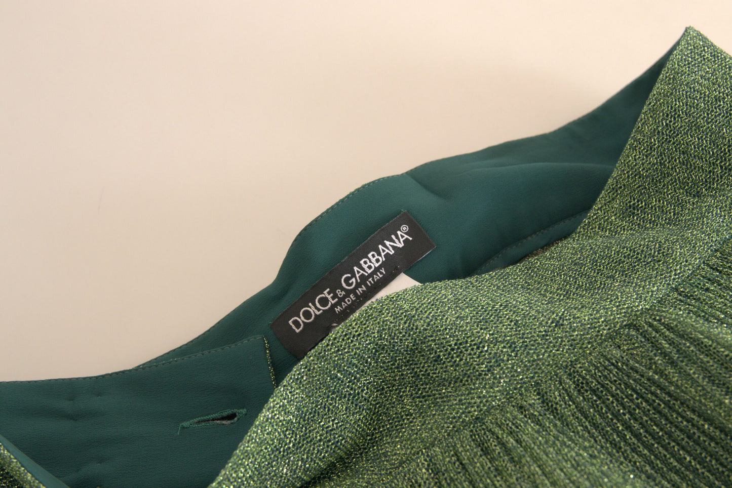 Dolce & Gabbana Grüner Metallic-Faltenrock mit hoher Taille und Faltenwurf