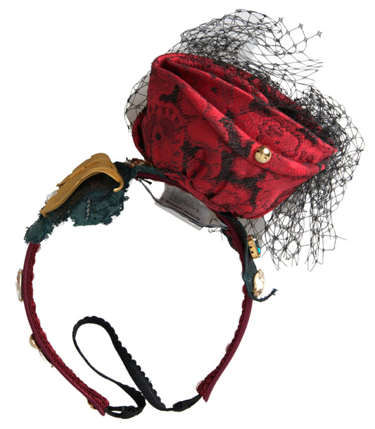 Dolce & Gabbana Rot mit mehrfarbiger Rose Seide Crystal Netted Logo Diadem Stirnband