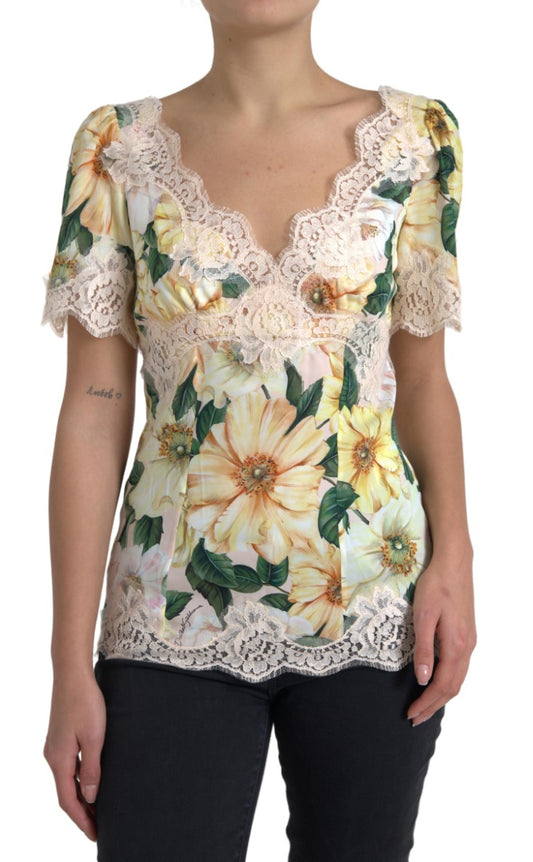 Dolce & Gabbana Multicolor Bluse mit Floralprint und Spitze