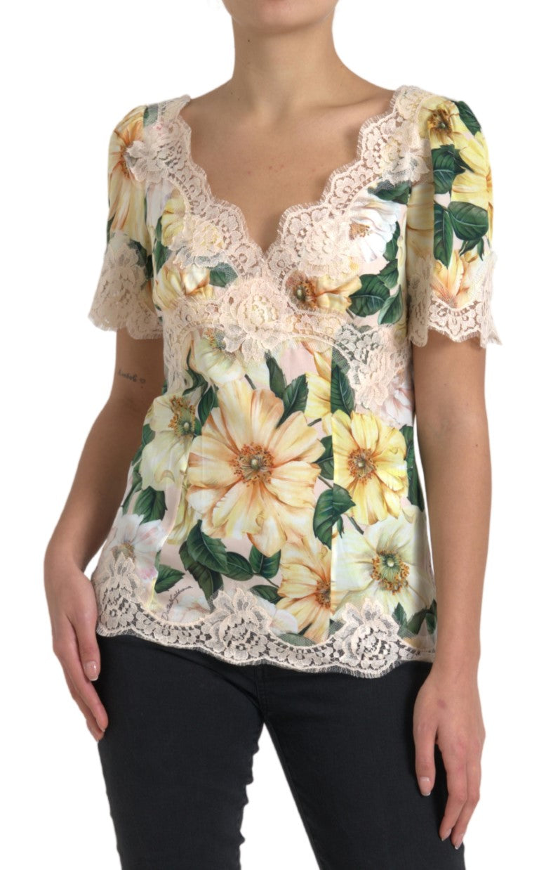 Dolce & Gabbana Multicolour Floral Silk-Blend Lace V-Neck Blouse