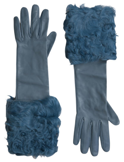 Dolce & Gabbana Blaue Lederpelz-Handschuhe mittlerer Armlänge