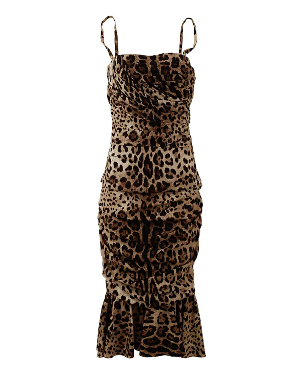 Dolce & Gabbana Braunes Midikleid mit Leopardenmuster und Rüschen