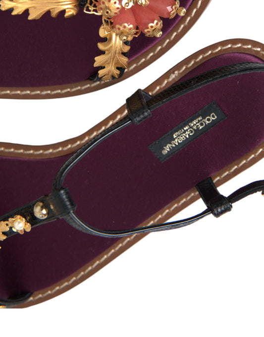 Dolce & Gabbana Schwarz Kristall Gold Sandalen Leder Schuhe