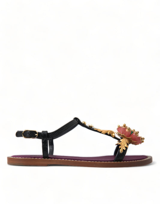 Dolce & Gabbana Schwarze Leder-Sandalen mit rosa Kristallen