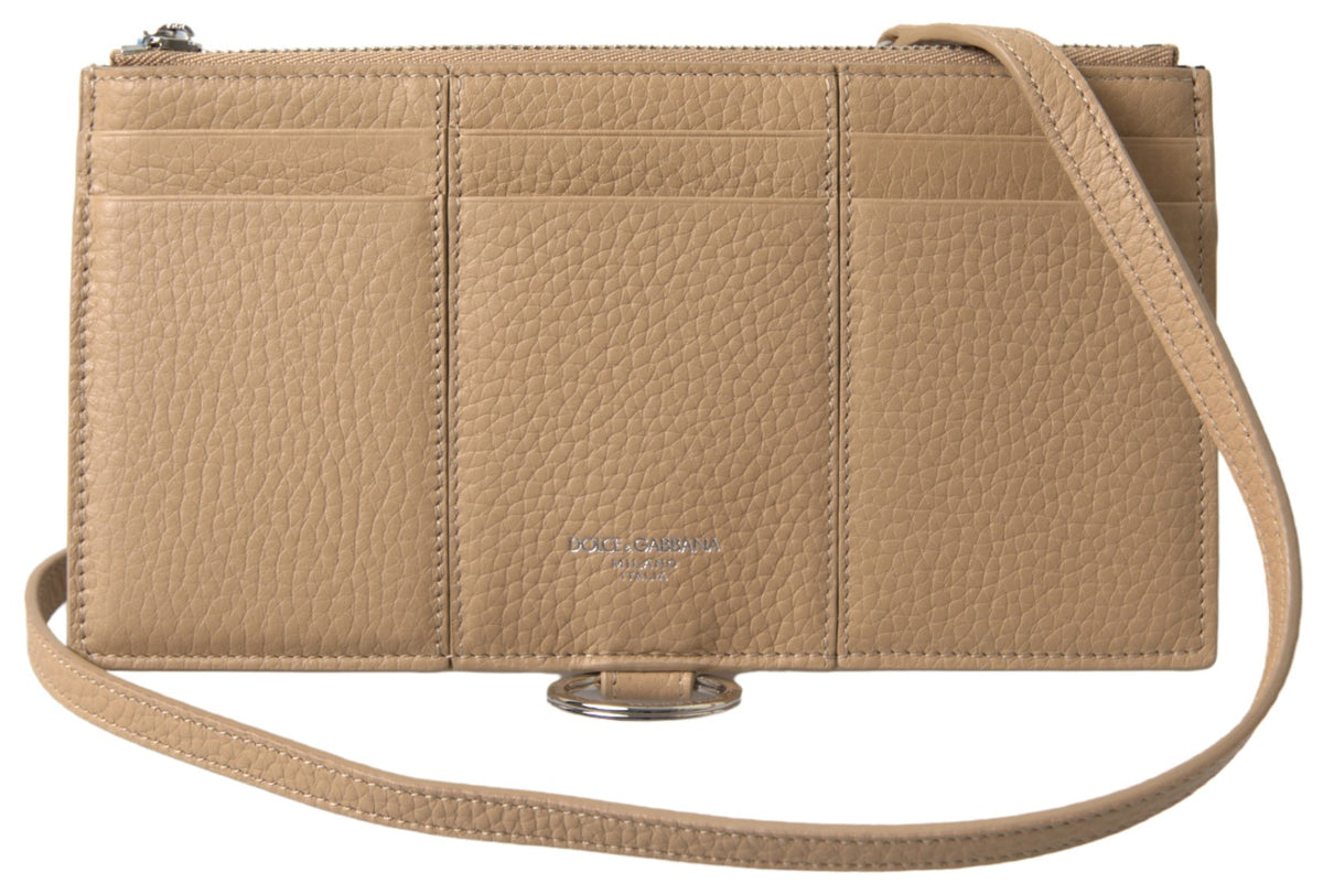 Dolce & Gabbana Beiger Leder-Kartenhalter mit abnehmbarem Schulterriemen