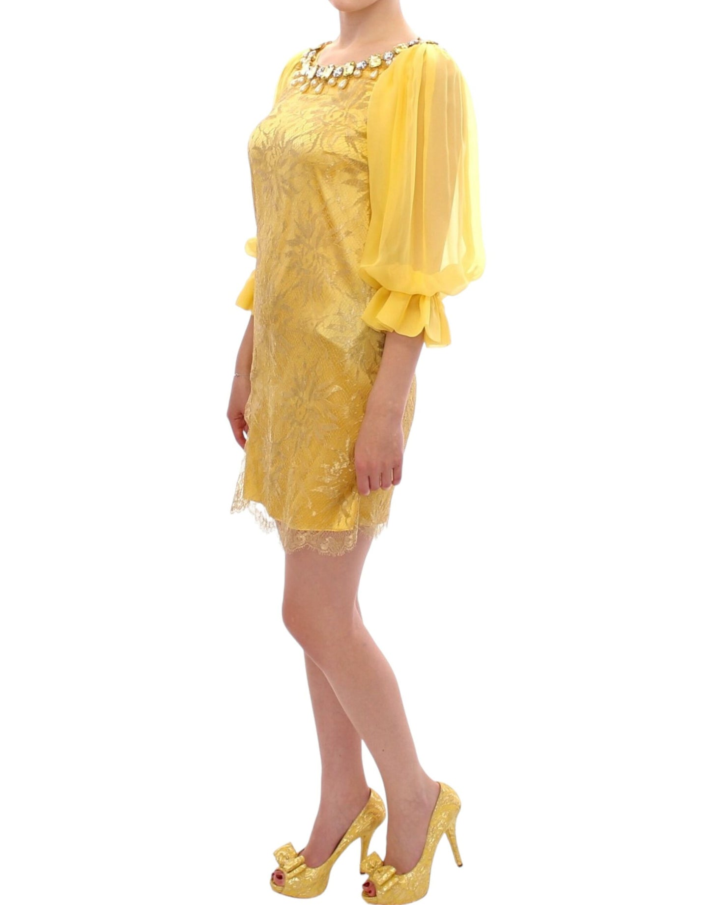 Dolce & Gabbana Gelbes Spitzen-Kristall-Minikleid